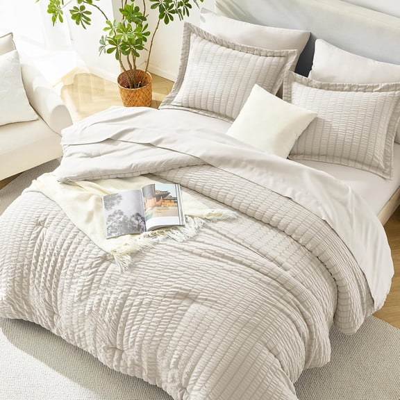 Queen Comforter Set, 7-Piece Seersucker Bed in a Bag, Beige | 90 GSM Brushed Fabric, 240 GSM Fill, 90 x 90-Inch Comforter, 14-Inch Deep Pocket, OEKO-TEX Certified, All-Season Comfort