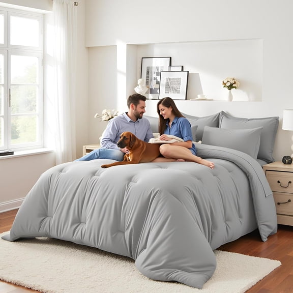 Queen Comforter Set 7 Piece - Soft Bed in a Bag Queen Size Comforter Sets, Cozy Luxury Bedding Sets with All Season Comforter, Flat Sheet, Fitted Sheet,2 Pillowcases & 2 Shams, Light Gray