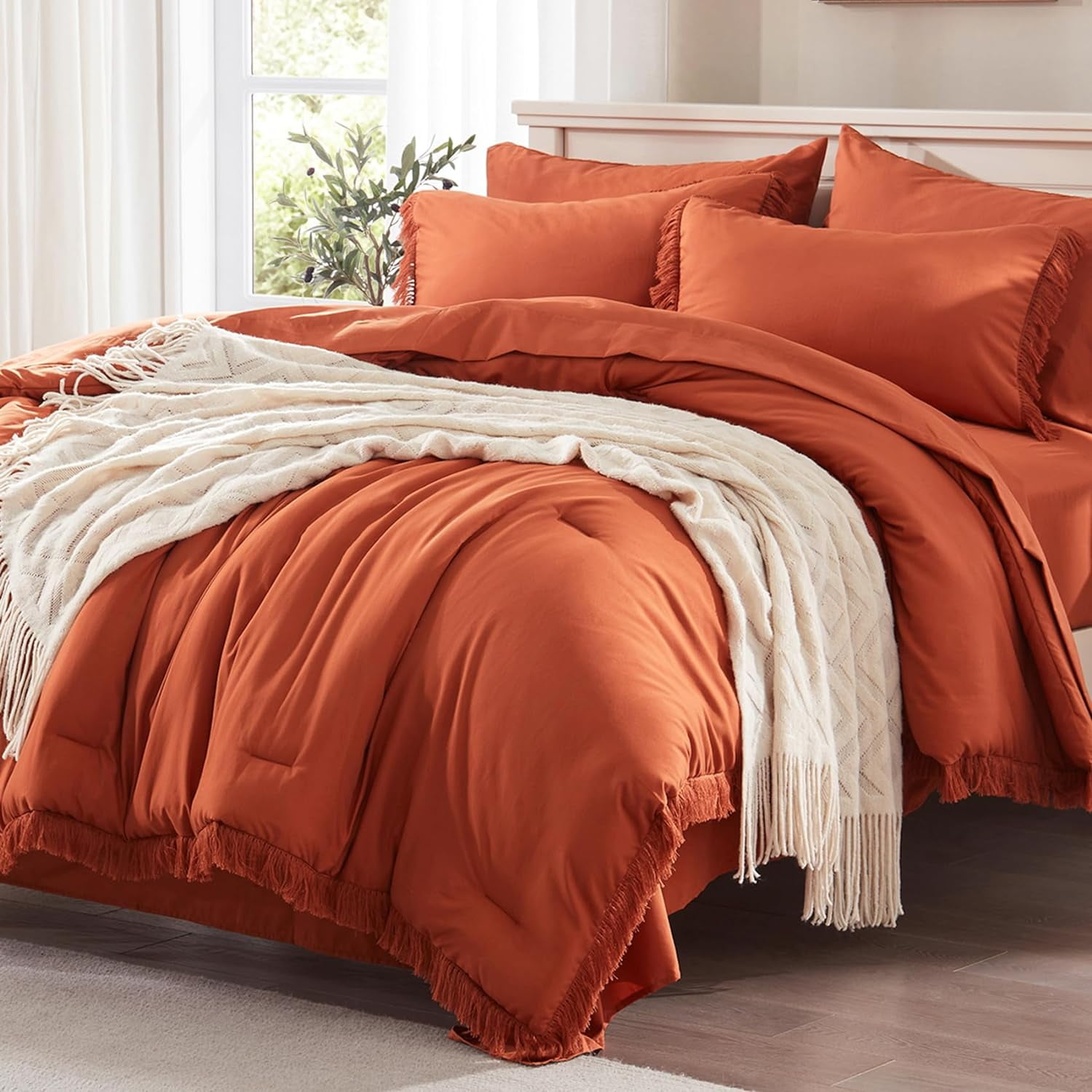 Queen Comforter Set 7 Piece with Sheets, Burnt Orange Boho Bed in a Bag