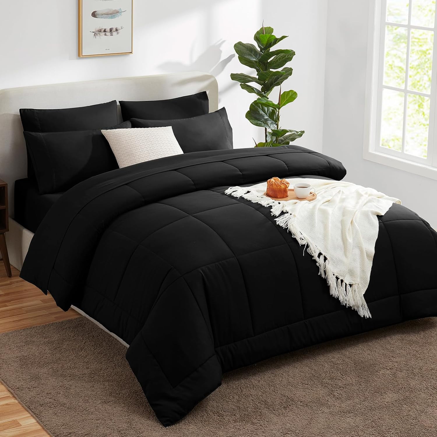 Queen Comforter Set 7 Pieces Bed in a Bag Set Black, Bedding Sets