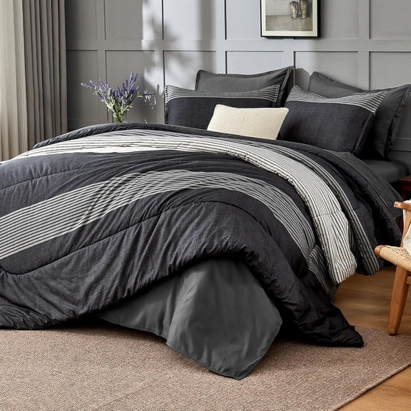 Queen Comforter Set 7 Pieces Bed in a Bag - Black White Grey Striped Lightweight Soft Microfiber All Season Queen Size Bedding Set with Comforter, Fitted & Flat Sheet, Pillowcases & Shams