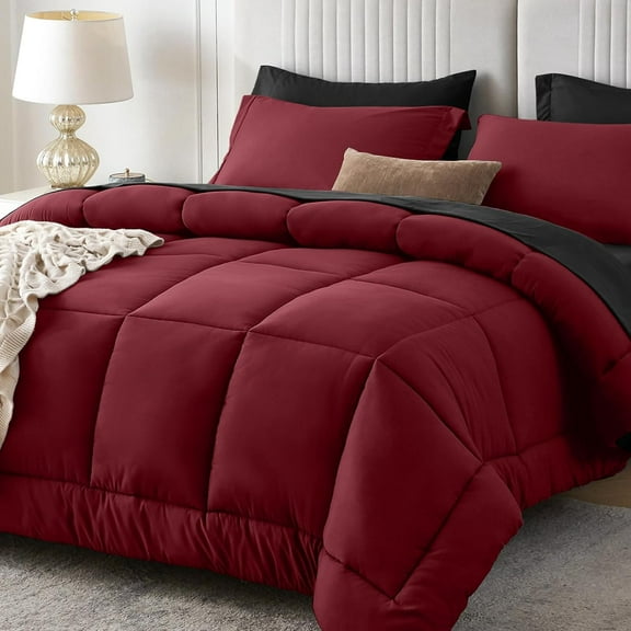 Queen Comforter Set, 7 Pieces Bed in a Bag Queen, Complete Bedding Set Includes Comforter, Flat Sheet, Fitted Sheet, Pillowcases and Pillow Shams, Wine & Black
