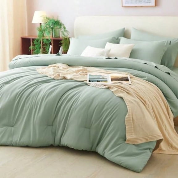 Queen Comforter Set 7 Pieces Bed in a Bag Queen Sage Green Bedding Comforter Set with Sheets All Season 7PC Bed Sets with Comforter Fitted Sheets Flat Sheets Pillow Shams and Pillowcases