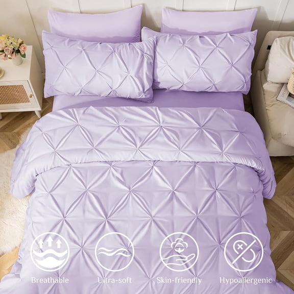 Queen Comforter Set 7 Pieces - Bed in a Bag Queen for All Season, Pintuck Bedding Comforter Sets with Comforter, Flat Sheet, Fitted Sheet and Pillowcases & Shams, Light
