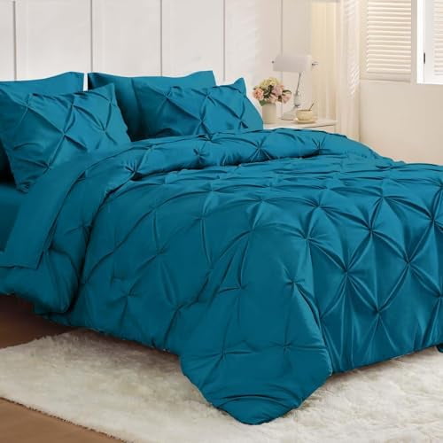 Queen Comforter Set 7 Pieces - Bed in a Bag Queen for All Season, Pintuck Bedding Comforter Sets with Comforter, Flat Sheet, Fitted Sheet and Pillowcases & Shams, Teal