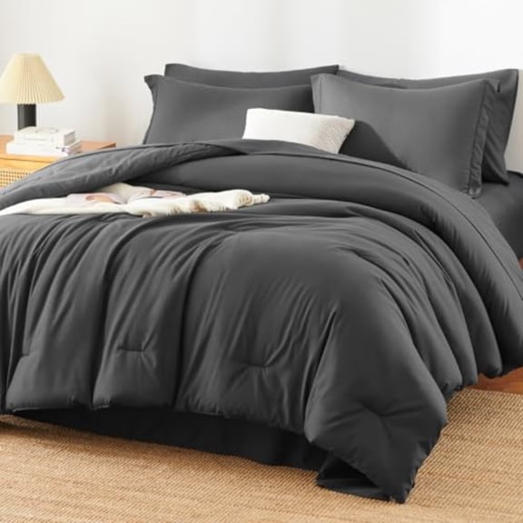 Queen Comforter Set - 7 Pieces Bed in a Bag Queen Size Luxury Comforter Set with Sheets for All Season Bed Set with Comforter Flat Sheet Fitted Sheet Pillowcases Shams Dark Grey