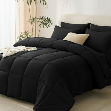 Queen Comforter Set - 7 Pieces Bed in a Bag Set Black Queen, Complete Bedding Sets Bed Set for All Season with Comforter, Flat Sheets, Fitted Sheet, Pillowcases & Shams