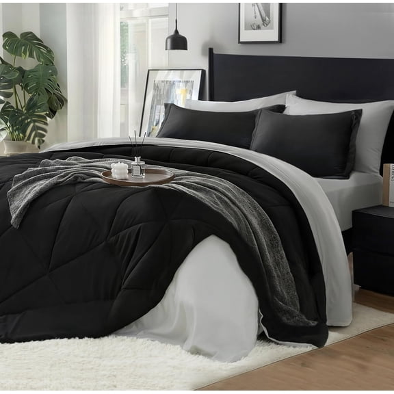 Queen Comforter Set 7 Pieces Bed in A Bag - Soft Microfiber Reversible Black Bed Set with Comforters, Sheets, Pillowcases & Shams, Cozy Luxury Bedding Sets for All Season
