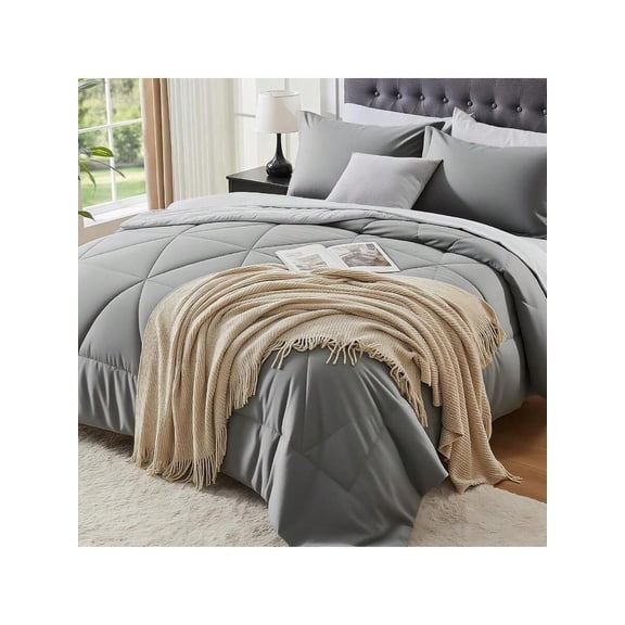 Queen Comforter Set 7 Pieces Bed In A Bag Soft Microfiber Reversible Grey Bed Set With Comforters Sheets Pillowcases Shams Cozy Luxury Bedding Sets For All Season