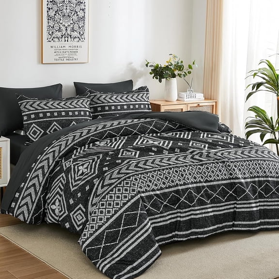Queen Comforter Set, 7 Pieces Black Reversible Bedding Set, Boho Aztec Bed in A Bag, Lightweight Soft Bed Comforter Set with Sheets, Pillowcases & Shams