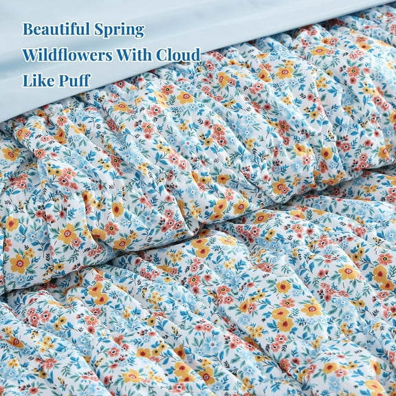 Queen Comforter Set - 7 Pieces Blue Classic Puff Floral Bedding Sets for All Seasons, Shabby Chic Farmhouse Bed in a Bag Queen with Wildflowers Fluffy Comforter, Sheets, Pillowcases & Shams