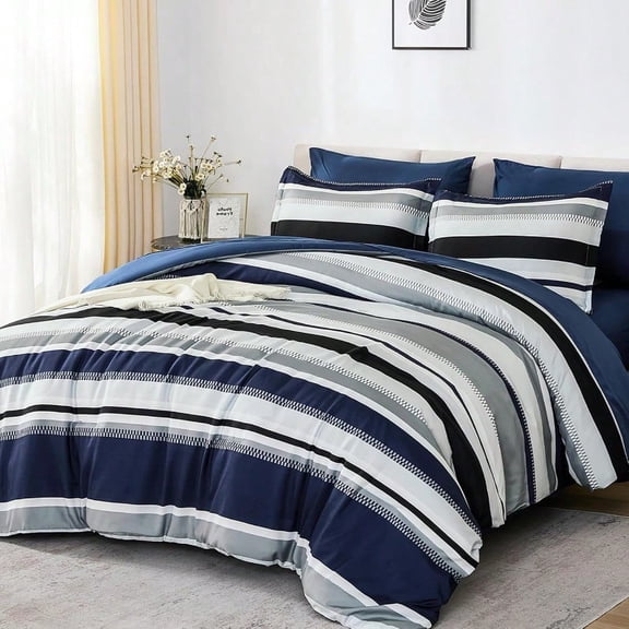Queen Comforter Set 7 Pieces Blue Comforter Set Queen Soft Striped Bed in a Bag Bedding Set with Comforter Flat Sheet Fitted Sheet Pillow Shams Pillowcase