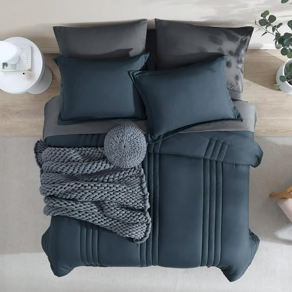 Queen Comforter Set - 7 Pieces Blue Gray Bed in a Bag Queen Bedding Sets with Comforters, All Seasons Comforter Bed Set with Sheets, Pillowcases & Shams