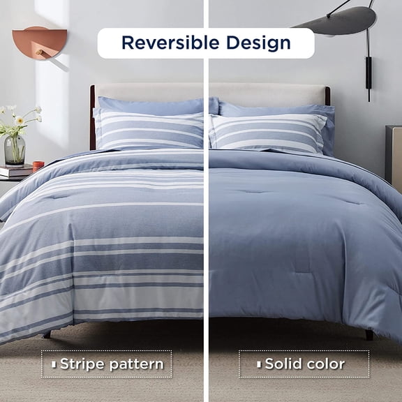 Queen Comforter Set 7 Pieces Blue Striped Bedding Set for All Seasons Reversible Cationic Dyeing Bed in a Bag with Comforter Sheets Pillowcases & Shams