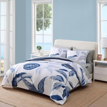 Queen Comforter Set - 7 Pieces Blue Tropical Leaves Soft Bedding Sets, Coastal Bed in a Bag, Botanical Printed Comforter with Sheets for All Season