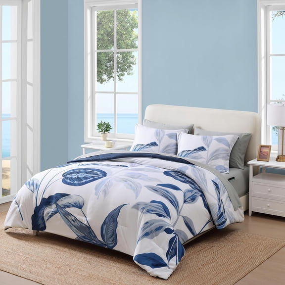 Queen Comforter Set - 7 Pieces Blue Tropical Leaves Soft Bedding Sets, Coastal Bed in a Bag, Botanical Printed Comforter with Sheets for All Season