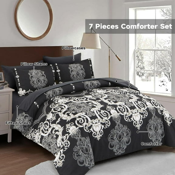Queen Comforter Set, 7 Pieces Boho Bed in a Bag for Queen Bed, Black Damask Comforter Set with Sheets, Pillowcases & Shams, Soft Microfiber Lightweight Bedding Sets for All Season(90"x90")