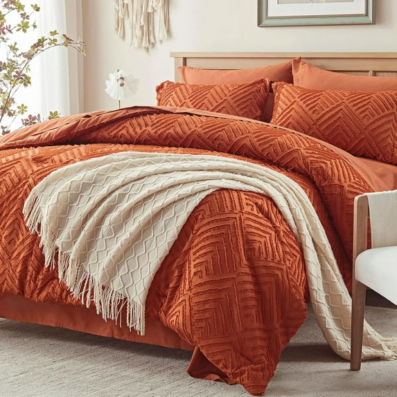 Queen Comforter Set 7 Pieces, Burnt Orange Tufted Bed in a Bag with Comforter, Pillow Shams, Pillowcases, Flat Sheet, Fitted Sheet