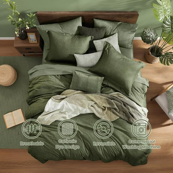 Queen Comforter Set - 7 Pieces Cationic Dyeing Olive Green Bed in a Bag Queen Bedding Sets with Comforter, Sheets, Pillowcases & Shams, Reversible Bedding Comforters Sets