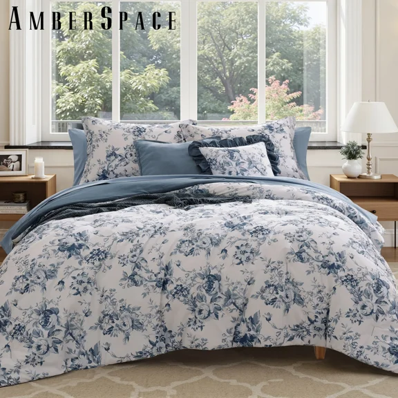 Amberspace Botanical Flowers Design 7-piece Bed in a Bag Comforter Set with Sheets,Grey Blue,Queen