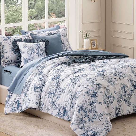 Queen Comforter Set -7 Pieces Floral Blue Comforter Set for All Seasons, Bed in a Bag Queen with Botanical Flowers Comforter, Sheets, Pillowcases & Shams