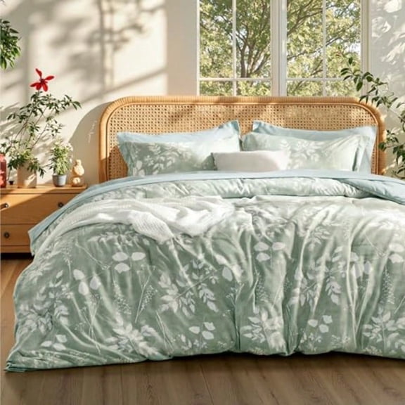 Queen Comforter Set 7 Pieces Floral Sage Green Soft Bedding Sets Queen Bed in a Bag with Botanical Flowers Comforter Sheets Pillowcases Shams
