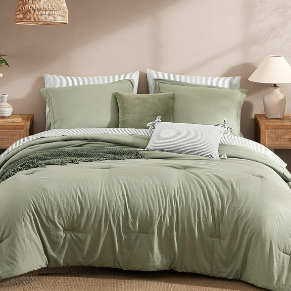 Queen Comforter Set - 7 Pieces Green Prewashed Bed in a Bag Queen Bedding Sets with Comforters, All Seasons Ultra Soft Comforter Bed Set with Sheets,Pillowcases & Shams
