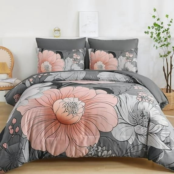 Queen Comforter Set 7 Pieces Grey Floral Comforter Set Queen Size Bed in a Bag Flower Bedding Sets Lightweight Boho Bed Set with Sheet,Pillowcases&Shams for All Season