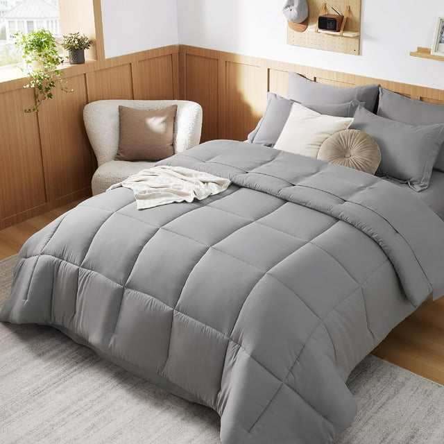 Queen Comforter Set - 7 Pieces Grey Queen Bed in a Bag, Bedding Sets Queen with Comforters, Sheets, Pillowcases & Shams