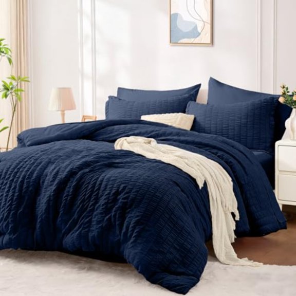Queen Comforter Set 7 Pieces Luxury Seersucker Bed in a Bag Queen Size for All Seasons Soft Bedding Set with Comforter Flat Sheet Fitted Sheet Pillowcases Shams for Bedroom Navy Blue