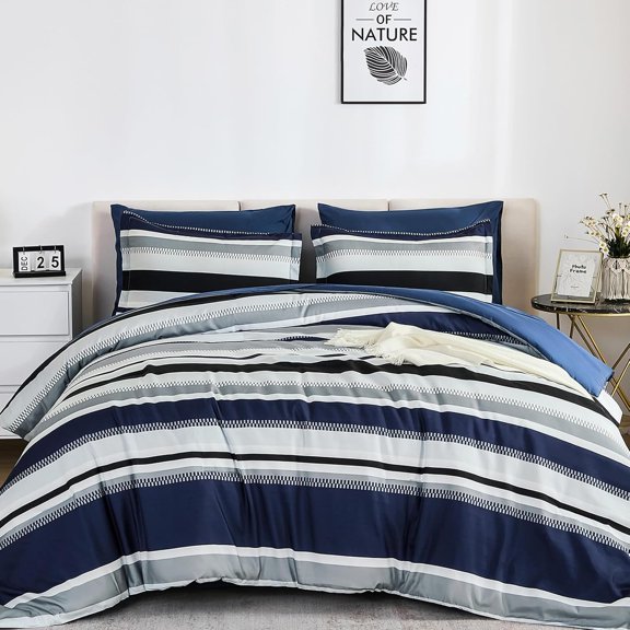 Queen Comforter Set 7 Pieces Navy Blue Soft Striped Bed in a Bag with Sheets and Pillow Shams