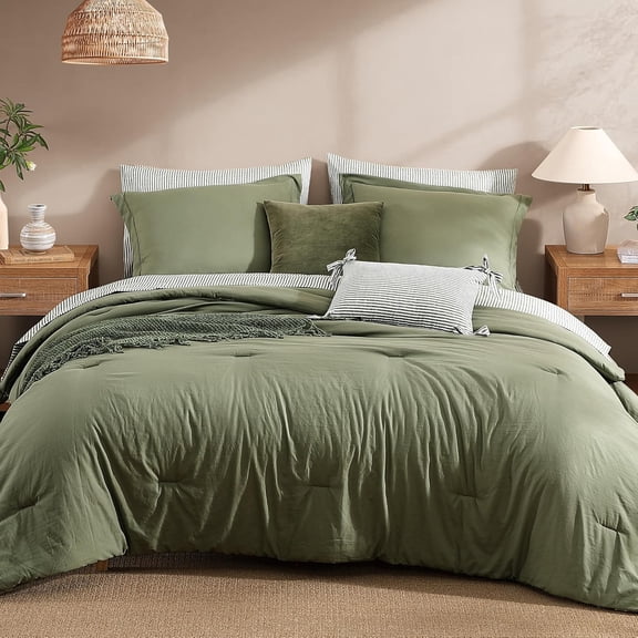 Queen Comforter Set - 7 Pieces Olive Prewashed Bed in a Bag Queen Bedding Sets with Comforters, All Seasons Ultra Soft Comforter Bed Set with Sheets,Pillowcases & Shams