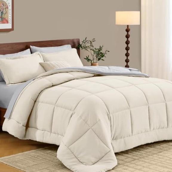 Queen Comforter Set 7 Pieces Reversible Bed in a Bag with All Season Soft Comforter Bedding Sets Includes Comforter Flat Sheet Fitted Sheet Pillowcases and Shams Cream White and Light Grey