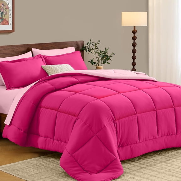 Queen Comforter Set 7 Pieces, Reversible Queen Size Bed in a Bag with All Season Soft Comforter, Bedding Sets Includes Comforter, Flat Sheet, Fitted Sheet, Pillowcases & Shams, Hot Pink & Pink