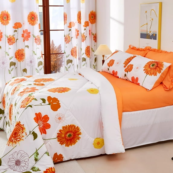 Queen Comforter Set 7 Pieces Reversible Queen Size Comforters for All Season Orange Sunflower Floral Bedding Sets Bed in a Bag with Flat Sheet and Fitted Sheet,Pillowcases & Shams (88"x88")
