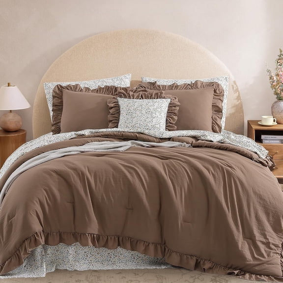 Queen Comforter Set - 7 Pieces Ruffle Amber Brown Bedding Sets, Shabby Chic Farmhouse Bed in a Bag with Ruffle Comforter, Floral Sheets, Pillowcases & Shams