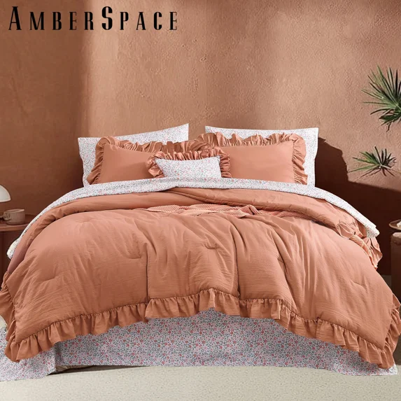 Amberspace Ruffle Design 7-piece Bed in a Bag Comforter Set with Sheets,Autumn Leaf,Queen