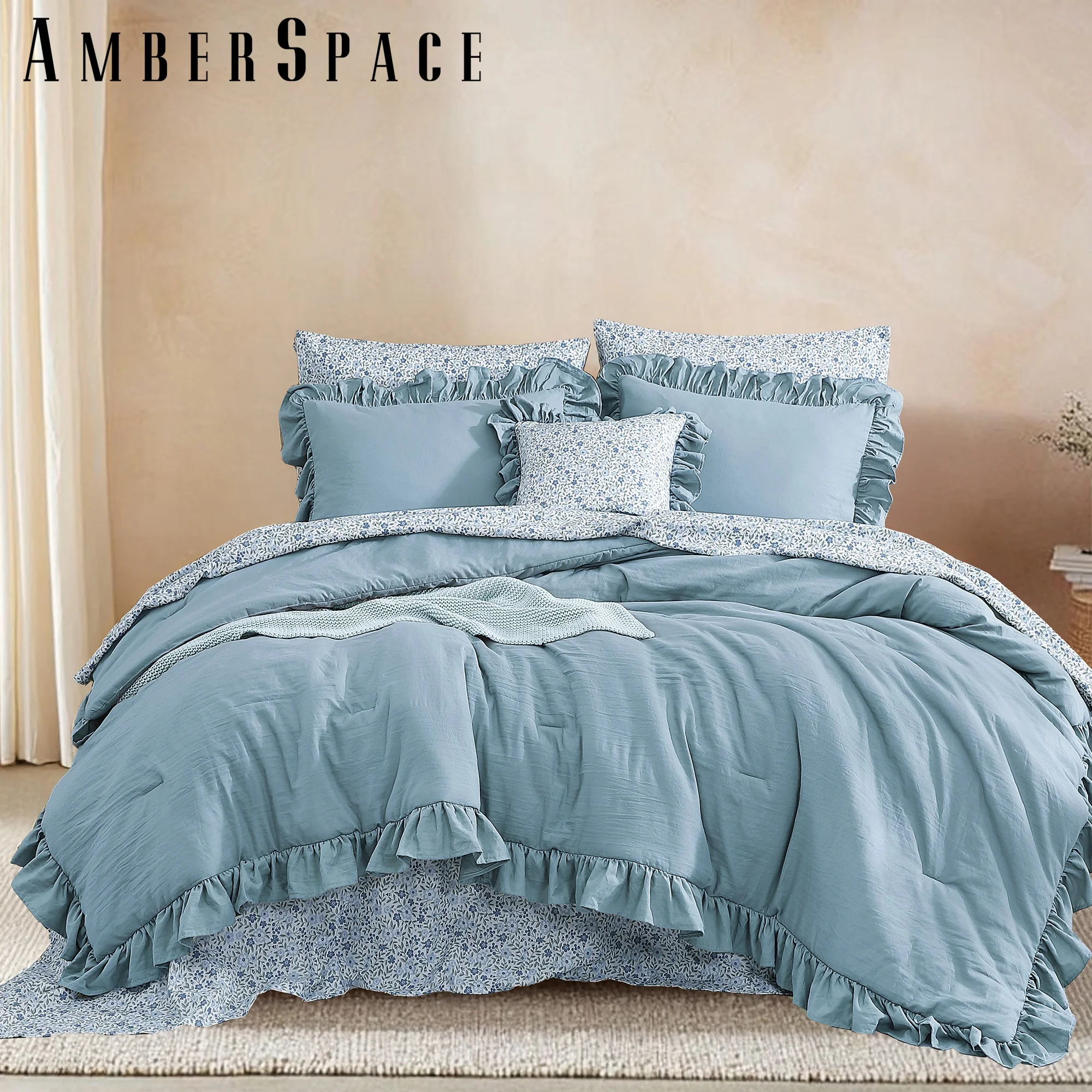 Powder Blue Ruffle Sheets Amberspace Ruffle Design 7-piece Bed in a Bag Comforter Set with Sheets ...