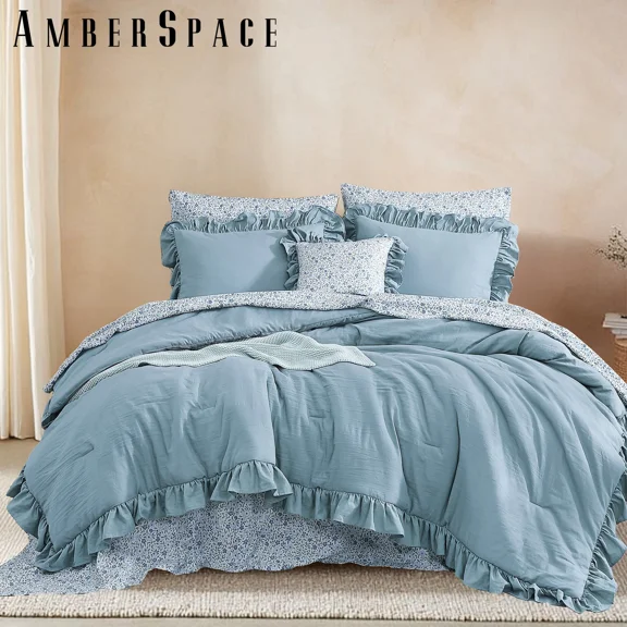 Amberspace Ruffle Design 7-piece Bed in a Bag Comforter Set with Sheets,Blue,Queen