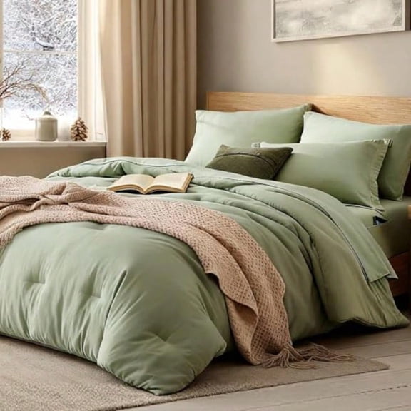 Queen Comforter Set - 7 Pieces Sage Green Soft Bed in a Bag Queen with Fitted Sheet Flat Sheet 2 Pillow Shams and 2 Pillowcases- Warm Bedding Sets Queen for All Season
