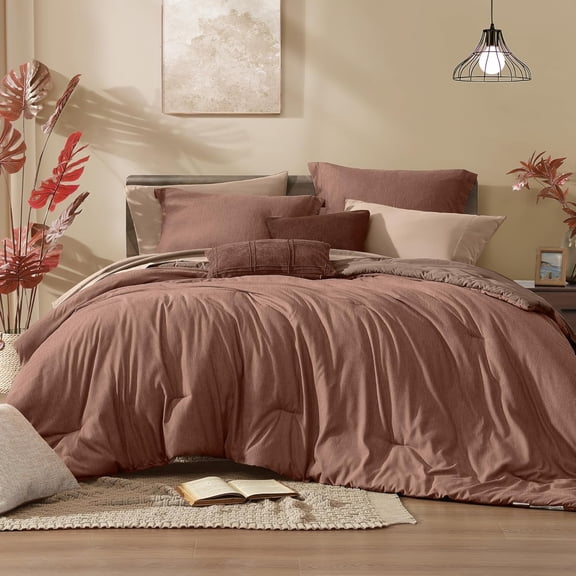 Queen Comforter Set 7 Pieces Terracotta Reversible Bed in a Bag with Sheets Pillowcases and Shams