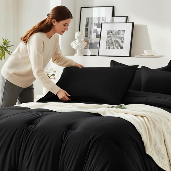 Queen Comforter Set 7 Pieces - Ultra-Soft Bed in a Bag Queen Size, Cozy Luxury Bedding Sets with All Season Comforter, Flat Sheet, Fitted Sheet, 2 Pillow Shams & 2 Pillowcases, Black