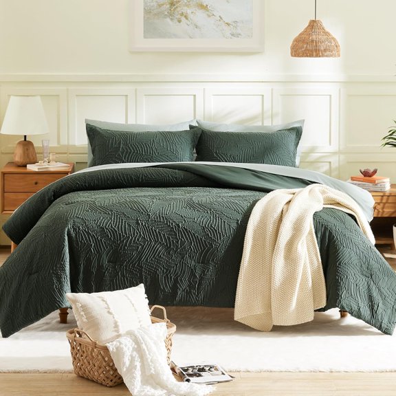 Queen Comforter Set, Bed in a Bag 7-Pieces, with Comforter, Pillow Sham, Sheets and Pillowcase, All Season Comfortable Seersucker Bedding Soft & Cozy (Dark Green, 90"x90")