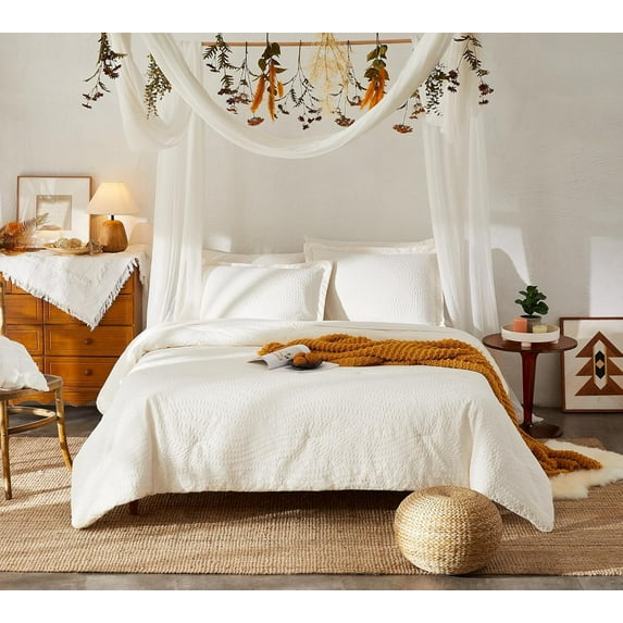 Queen Comforter Set, Bed in a Bag Ivory White 7-Pieces, Botanical Pattern, All Season Comfortable Seersucker Bedding with Comforter, Sheets, Pillowcase & Shams (Queen, 90"x90")