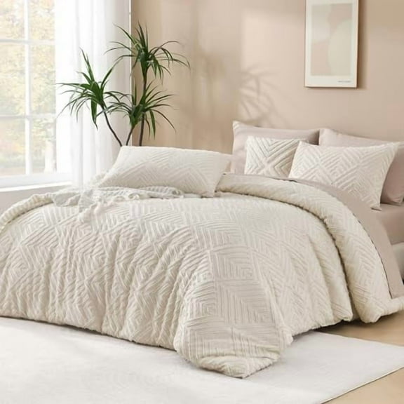 Queen Comforter Set Beige, 3 Pieces Queen Size Comforter Sets Boho Cream Solid Bedding Set & Collections, All Season Tufted Farmhouse Bed Comforter Set (90x90 in Comforter & 2 Pillowcases)