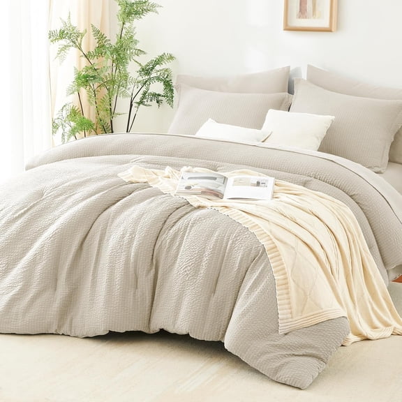 Queen Comforter Set Beige - 7 Pieces Striped Seersucker Bed in a Bag, Soft Lightweight Boho Bedding Set with All Season Comforters Queen Size, Sheets, Pillowcases & Shams