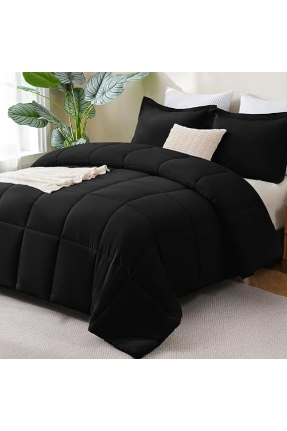 Queen Comforter Set Black - 3 Pieces Box Stitched Comforters Queen Size, Soft Bed Set for All Seasons, Lightweight Bedding Sets with 1 Down Alternative Comforter and 2 Pillow Shams