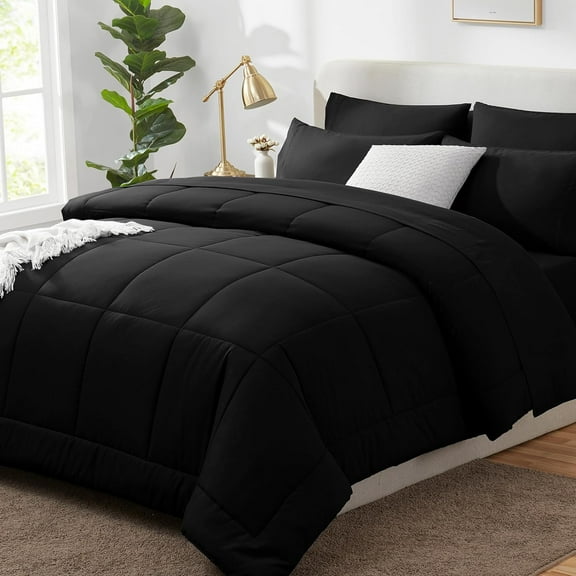 Queen Comforter Set Black, 7 Pieces Bed in a Bag, Black Comforter Queen Size, All Season Bedding Sets with Stitch Quilted Comforter, Flat Sheet, Fitted Sheet, Pillowcases