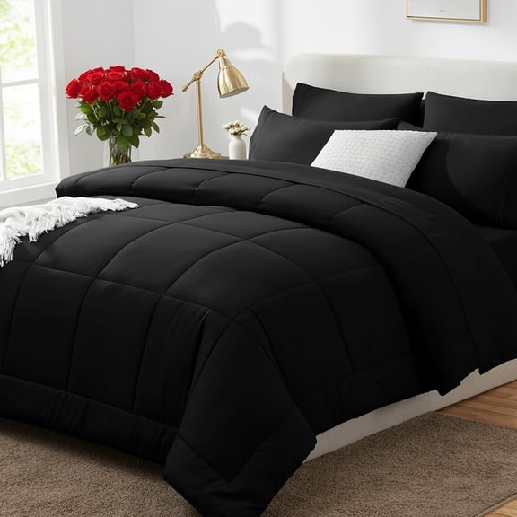 Queen Comforter Set Black, 7 Pieces Bed in a Bag, Black Comforter Queen Size, All Season Bedding Sets with Stitch Quilted Comforter, Flat Sheet, Fitted Sheet, Pillowcases