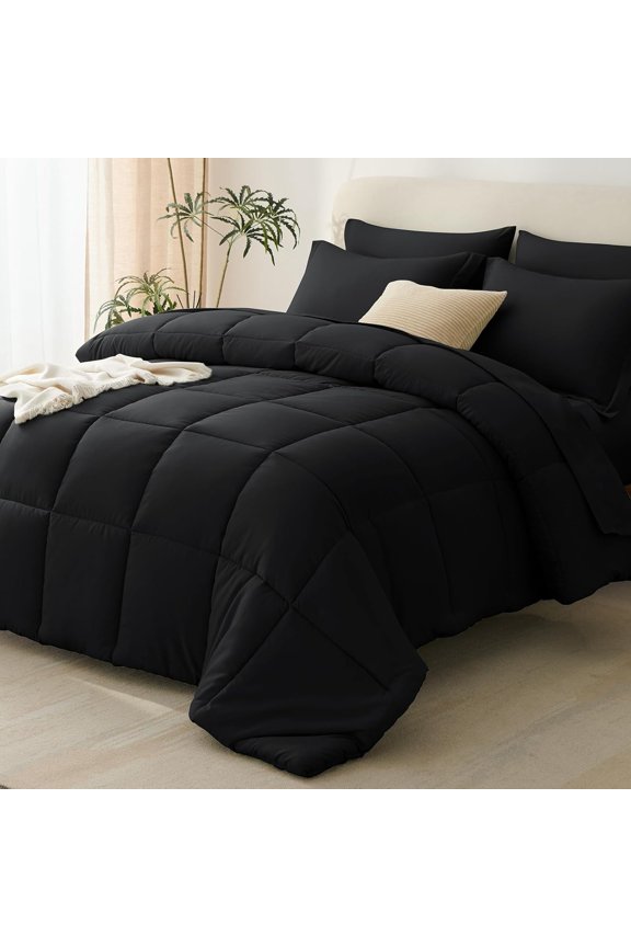 Queen Comforter Set Black - 7 Pieces Bed in a Bag Queen, All Season Soft Bedding Set, Oeko-Tex Certified Bed Set with Down Alternative Comforter, Sheets, Pillowcases & Pillow Shams